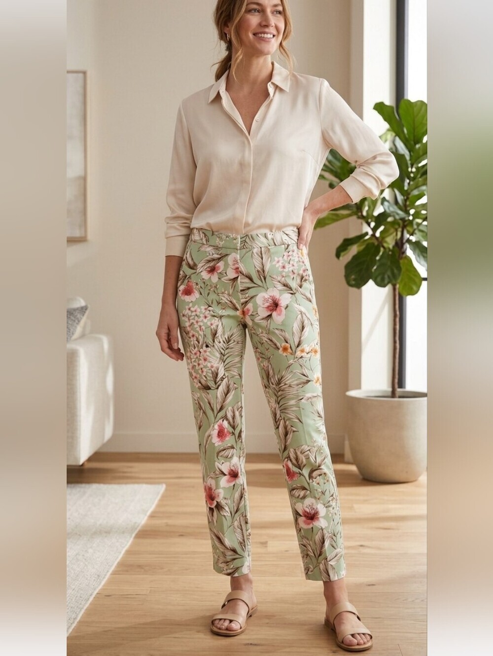 Zara Floral Mint Green & Coral Print Pants